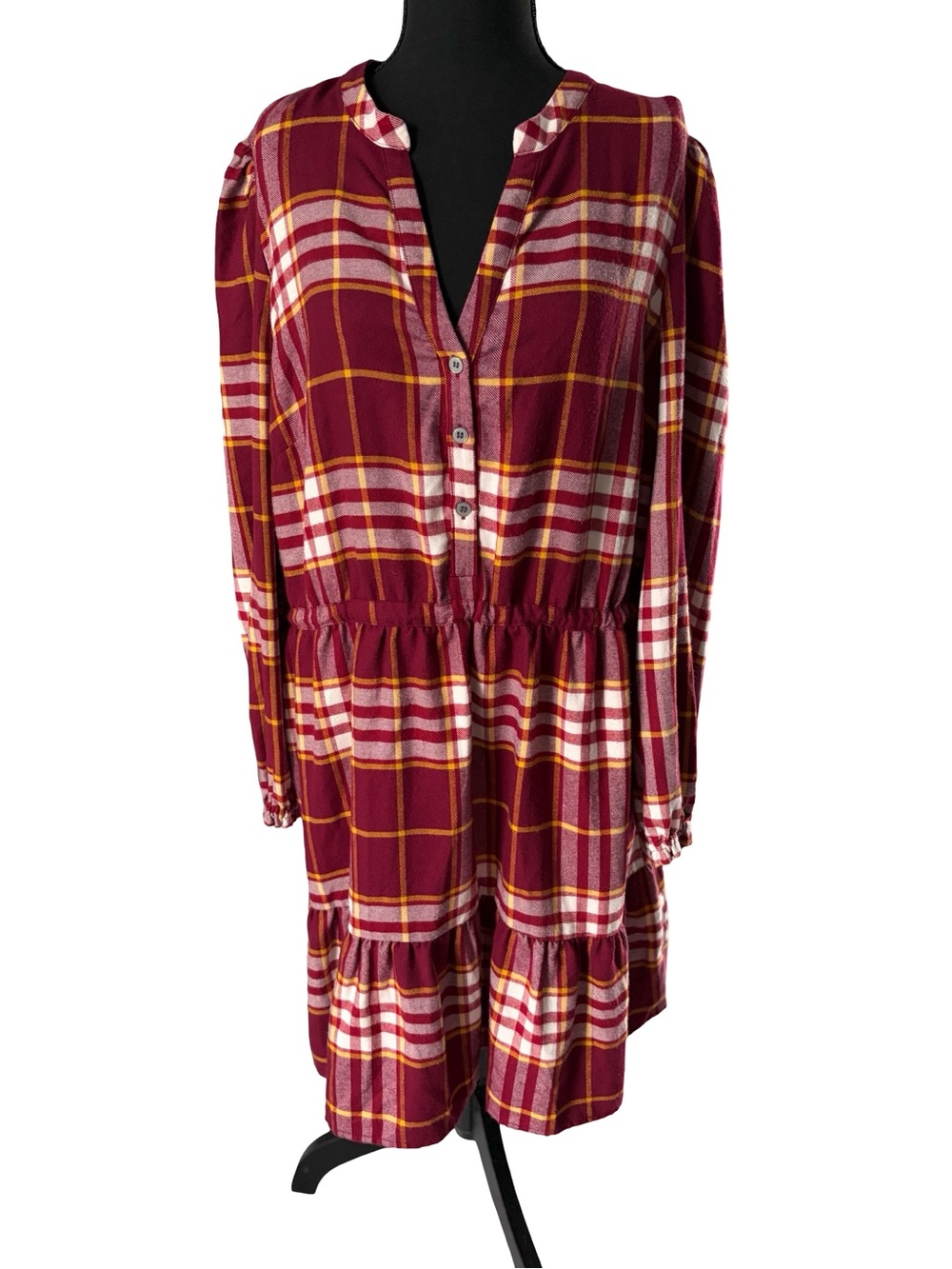 LOFT Burgundy Plaid Long-Sleeve Tiered Dress